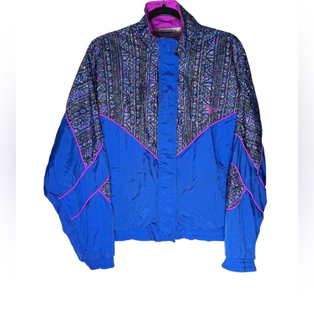 VTG 90s Reebok Nylon Windbreaker Jacket Medium Blue Purple Tribal Print Retro